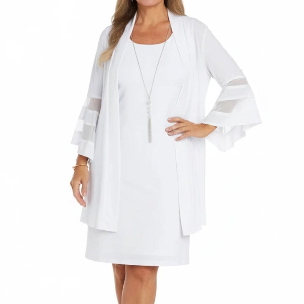 NWT R&M Richards Womens White Bell Sleeve Jacket Dress Necklace Set Size 12